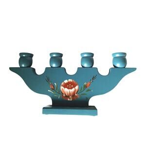 Swedish Wooden Candle Holder Vintage 4 Candles Hand Painted Floral 80s